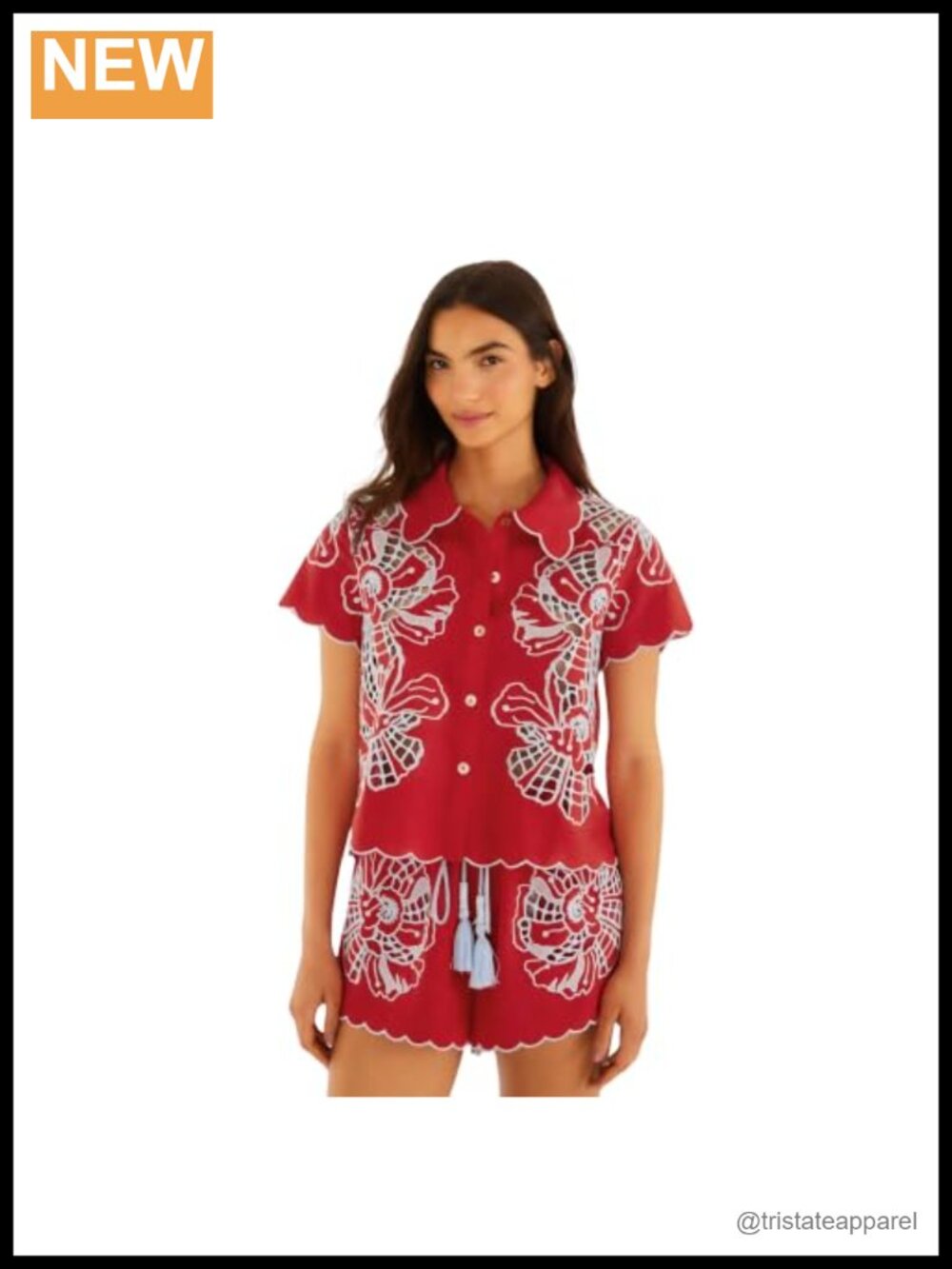 Embroidered Button-Down Blouse Relaxed Fit Linen Viscose Short Sleeve